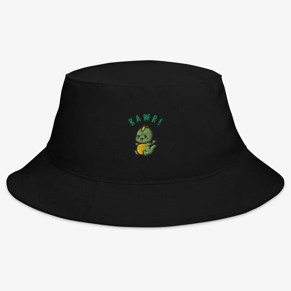 Black Baby Dino Bucket Hat, featuring a close-up of the adorable embroidered dinosaur and contrasting stitching.