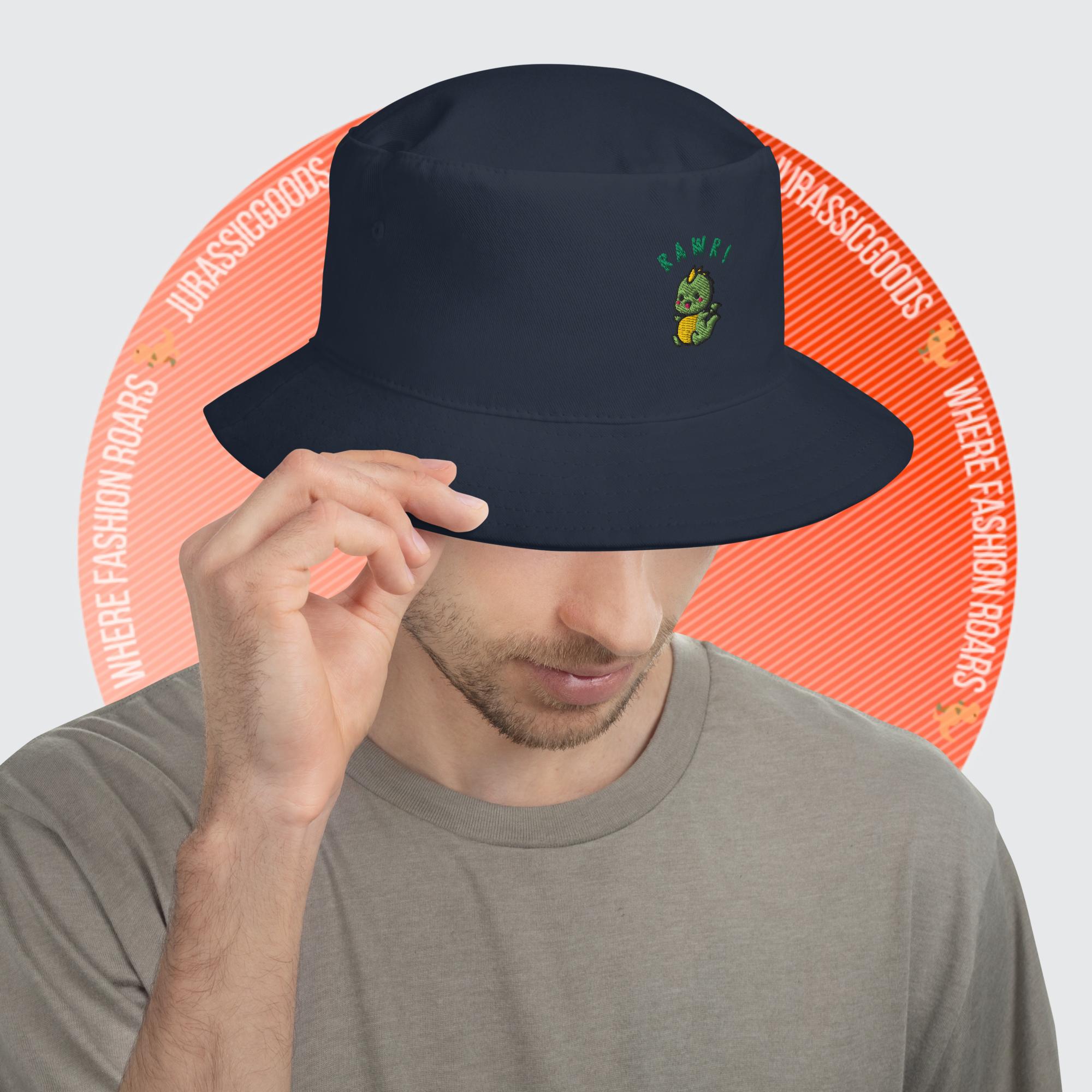 Man wearing the Blue Marine Baby Dino Bucket Hat, demonstrating its unisex design and casual style.