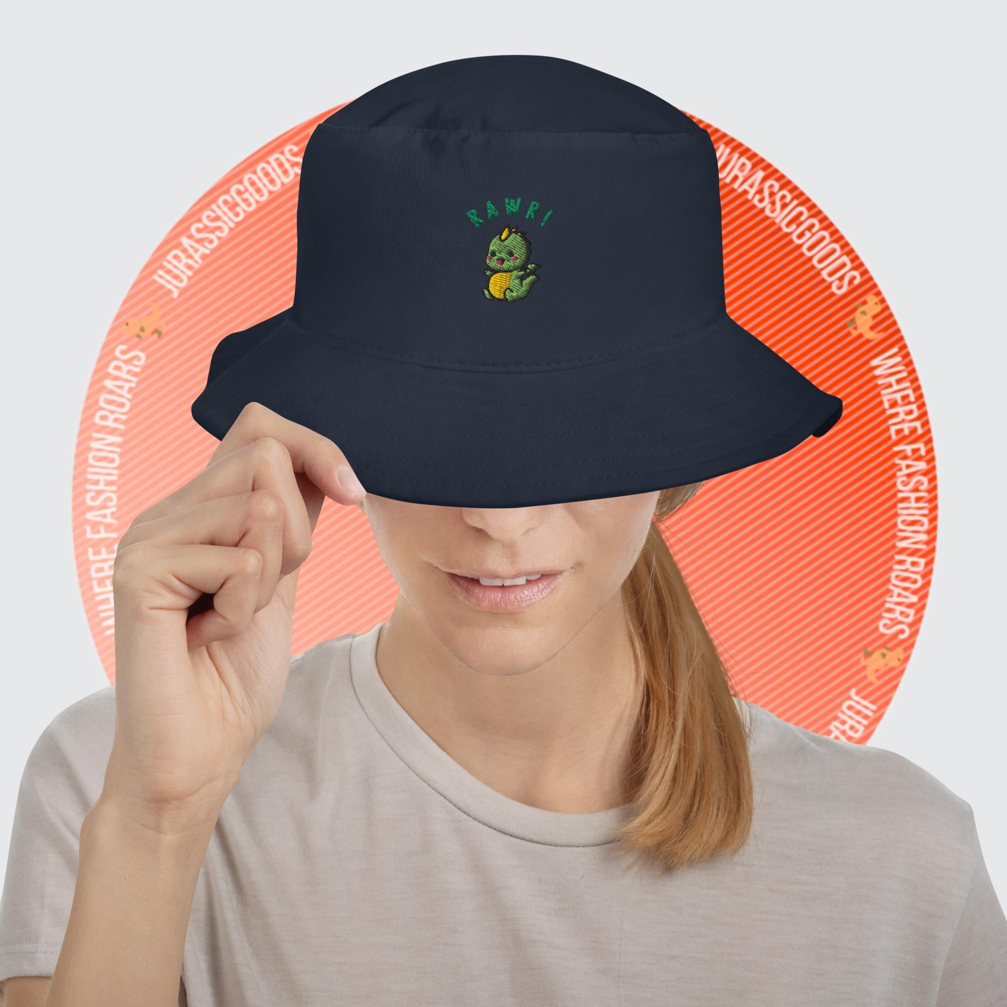 Woman wearing the Blue Marine Baby Dino Bucket Hat, showcasing its cute embroidered dinosaur design and comfortable fit.