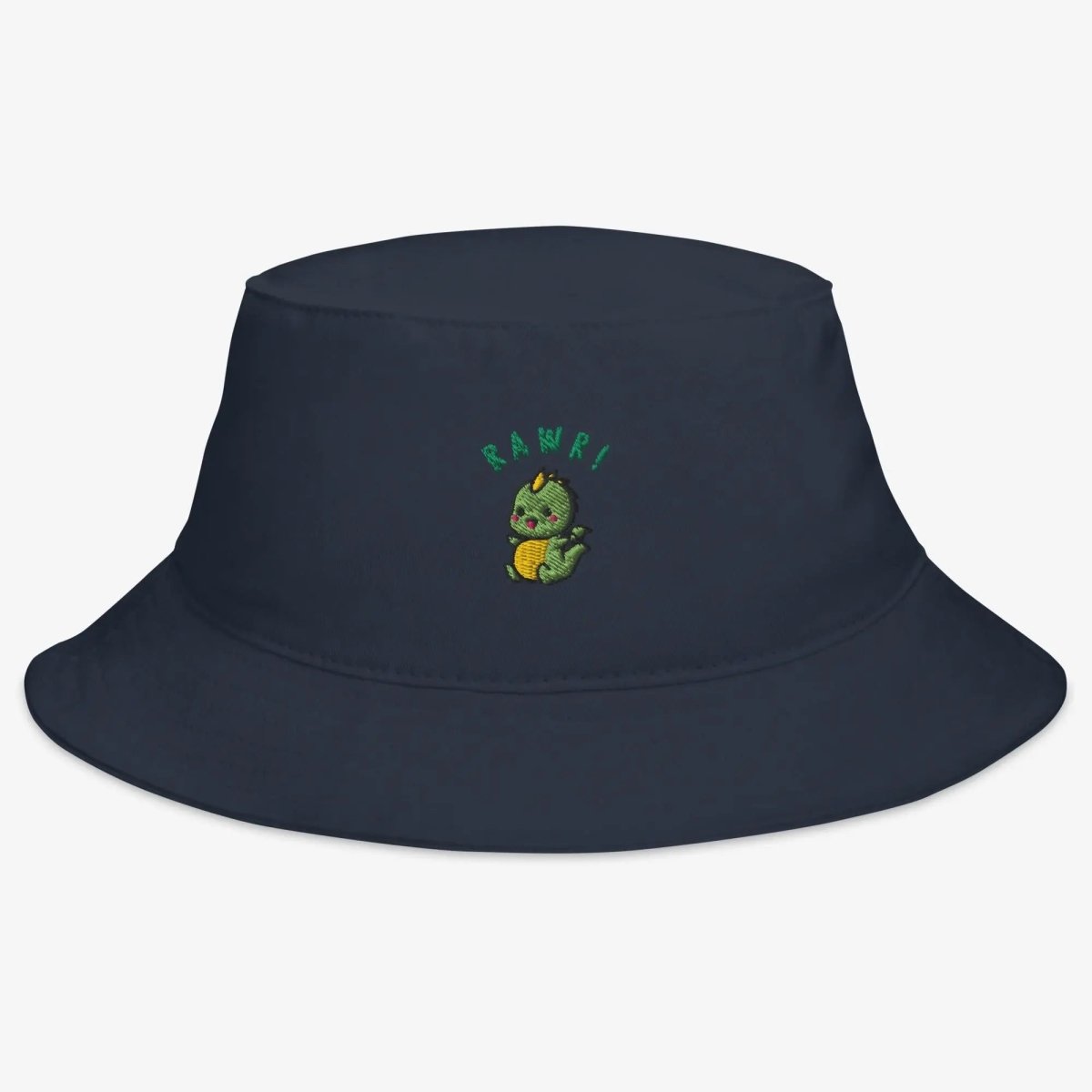 Blue Marine Baby Dino Bucket Hat with a close-up view of the cute embroidered dinosaur.