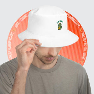 Man wearing the White Baby Dino Bucket Hat, highlighting its versatility and sun protection.