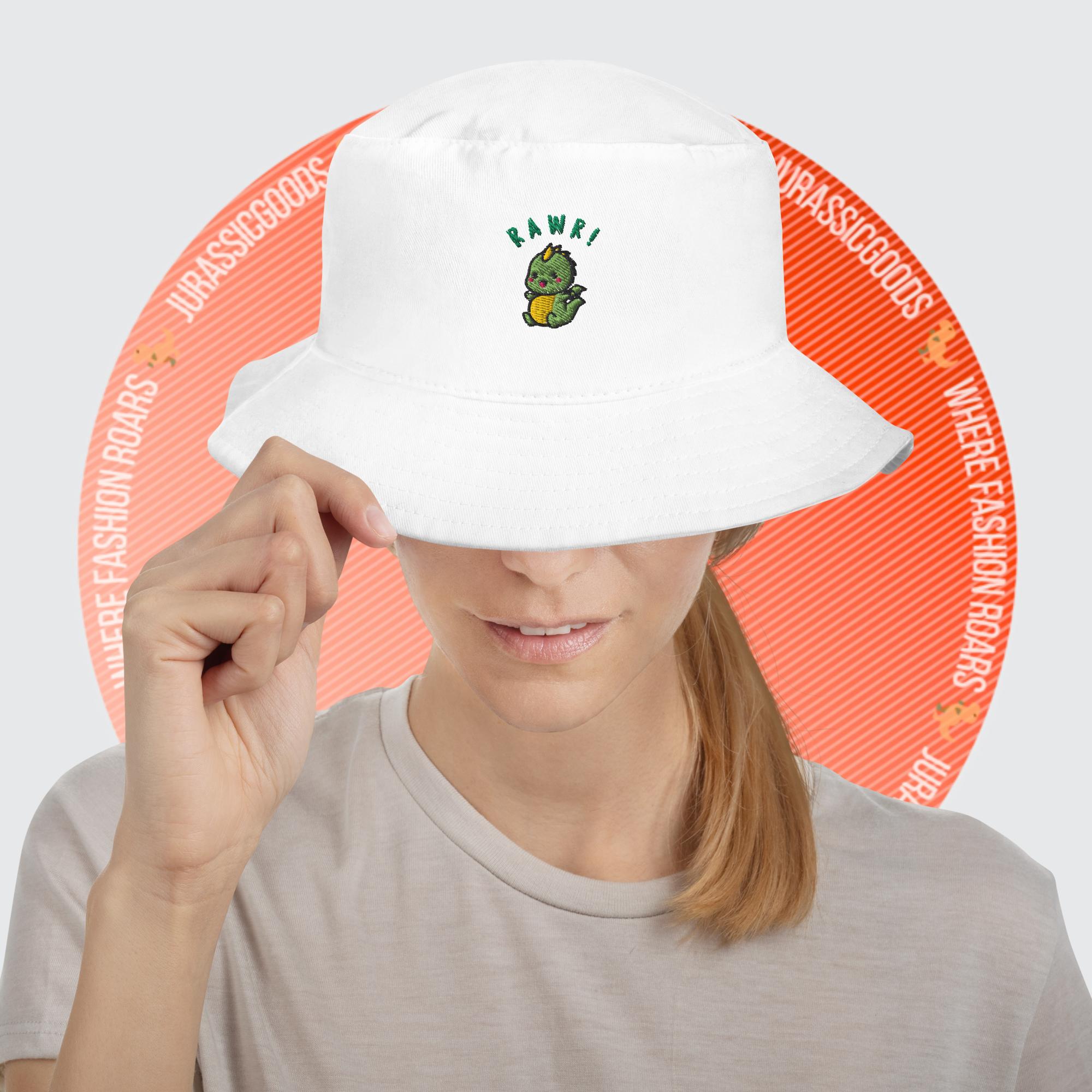 Woman wearing the White Baby Dino Bucket Hat, featuring its adorable embroidered dinosaur and breathable material.