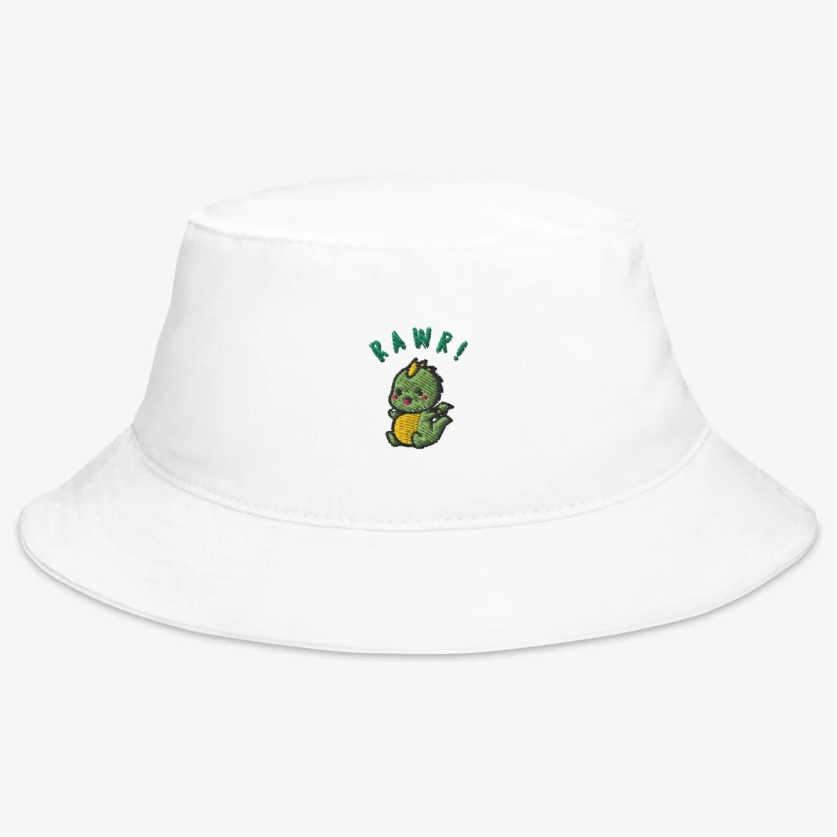 White Baby Dino Bucket Hat, highlighting its clean and simple style with a cute embroidered dinosaur.