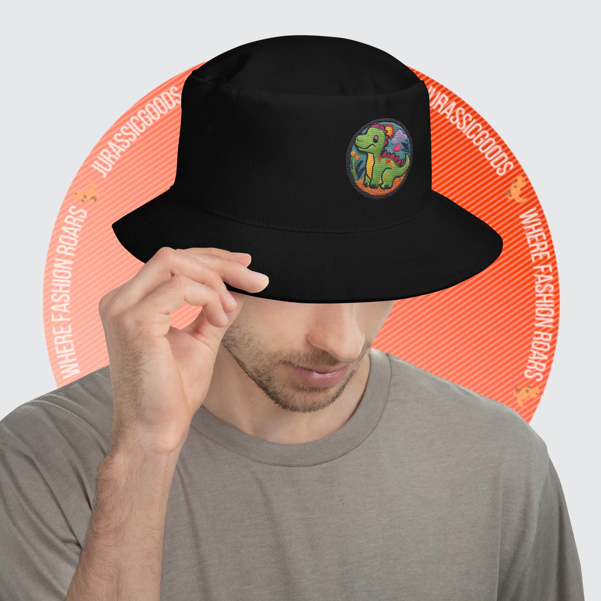 Man wearing the Black Dino Dreamer Bucket Hat, showcasing its classic look and comfortable fit