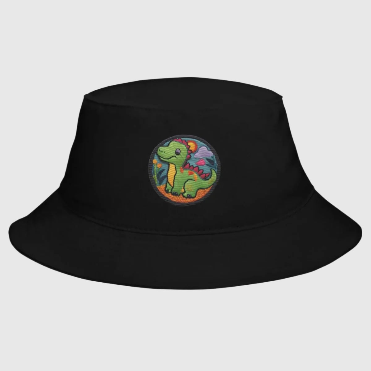 Black Dino Dreamer Bucket Hat, highlighting its clean and versatile style.