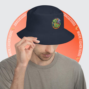 Man wearing the Blue Marine Dino Dreamer Bucket Hat, demonstrating its unisex design and casual style.