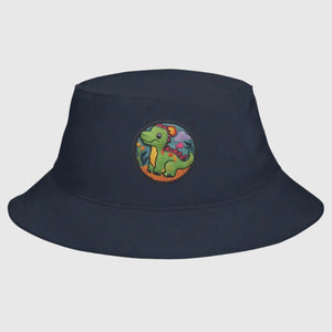 Blue Marine Dino Dreamer Bucket Hat with a close-up view of the playful dinosaur graphic.