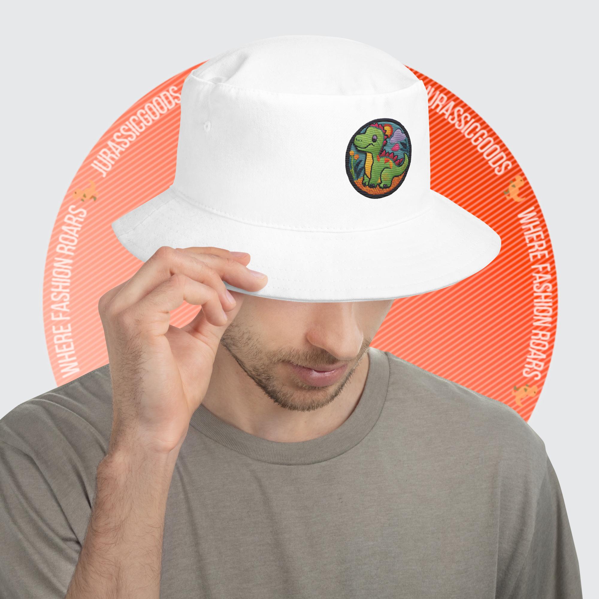 Man wearing the White Dino Dreamer Bucket Hat, highlighting its versatility and sun protection.