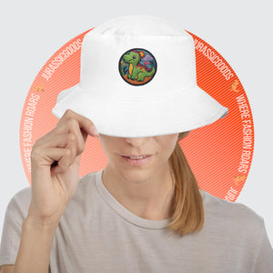 Woman wearing the White Dino Dreamer Bucket Hat, featuring its cute dinosaur design and breathable material.