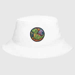 White Dino Dreamer Bucket Hat, highlighting its clean and versatile style.