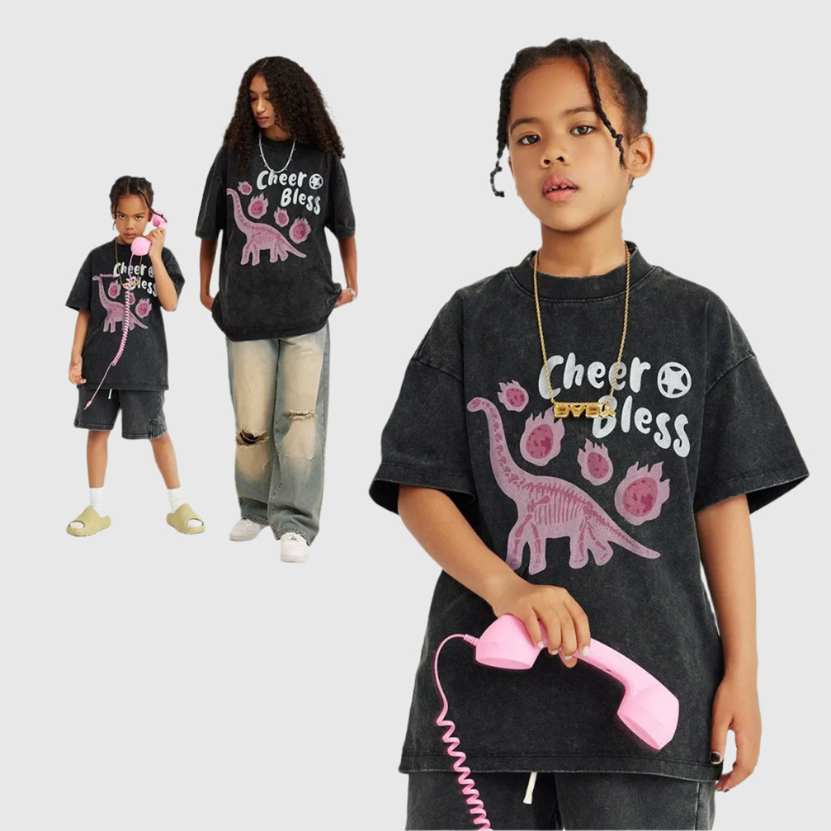 An adult with a kids wearing the dino streetwear hip hop tee.