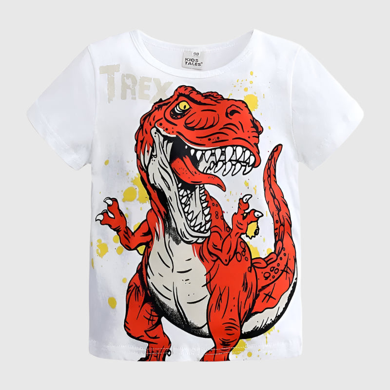 White Kids Dinosaur T-Shirt featuring a fun cartoon dinosaur print, ideal for warm weather.