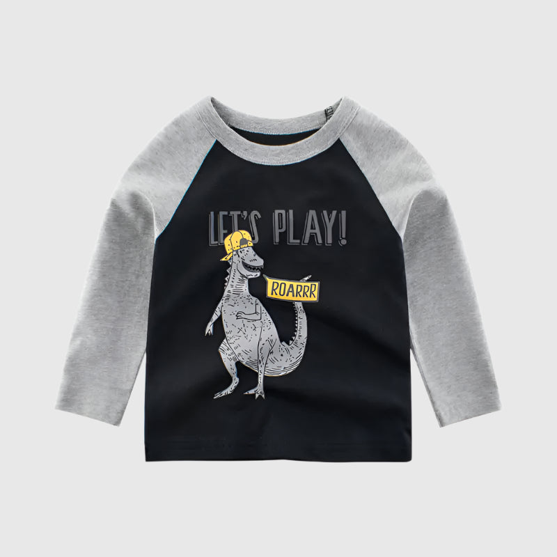 Black 'Let's Play! ROARRR' long sleeve kids' t-shirt with a cartoon dinosaur print.