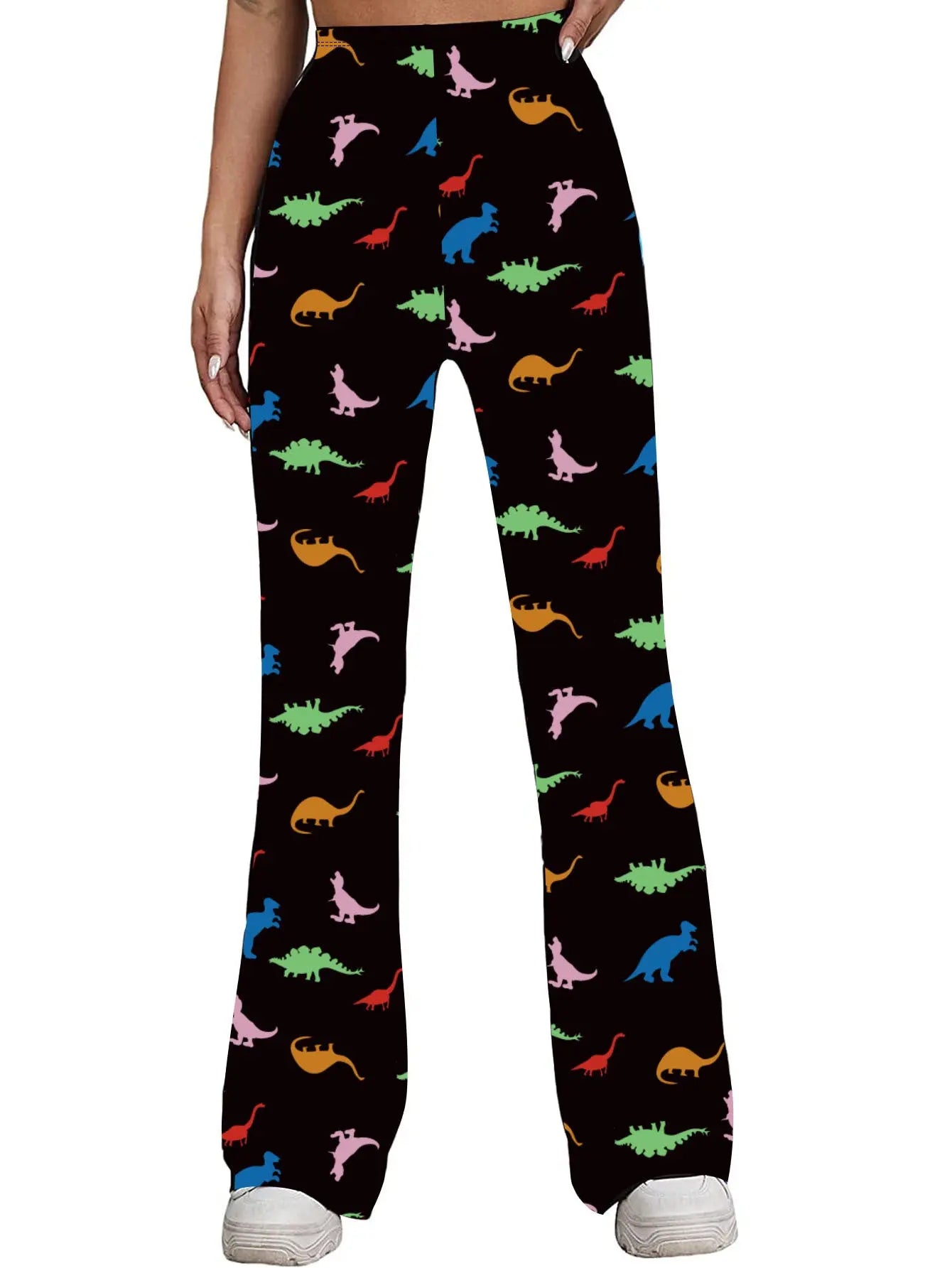 Long Bell-bottom Pants Dinosaur Printed High Waist High Elastic Trousers For Women Printify